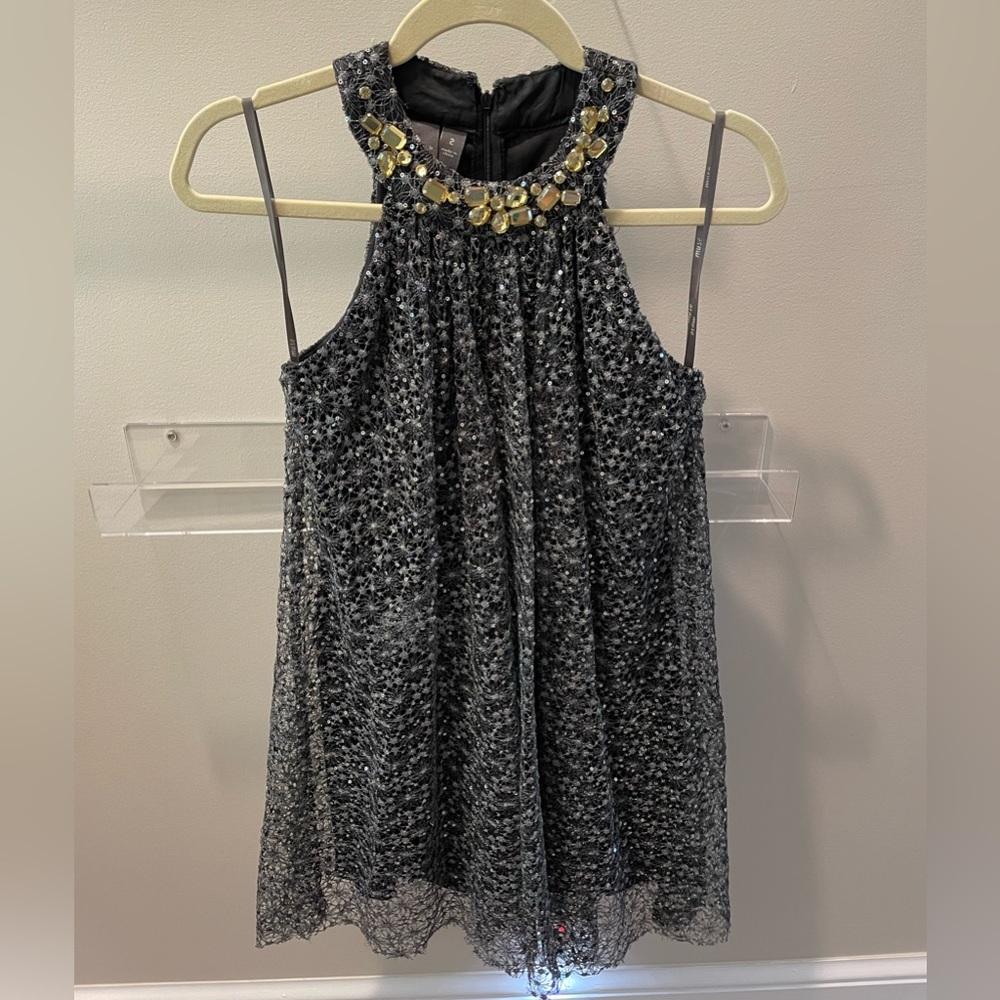 Muse, high neck, sequin dress with gold beads